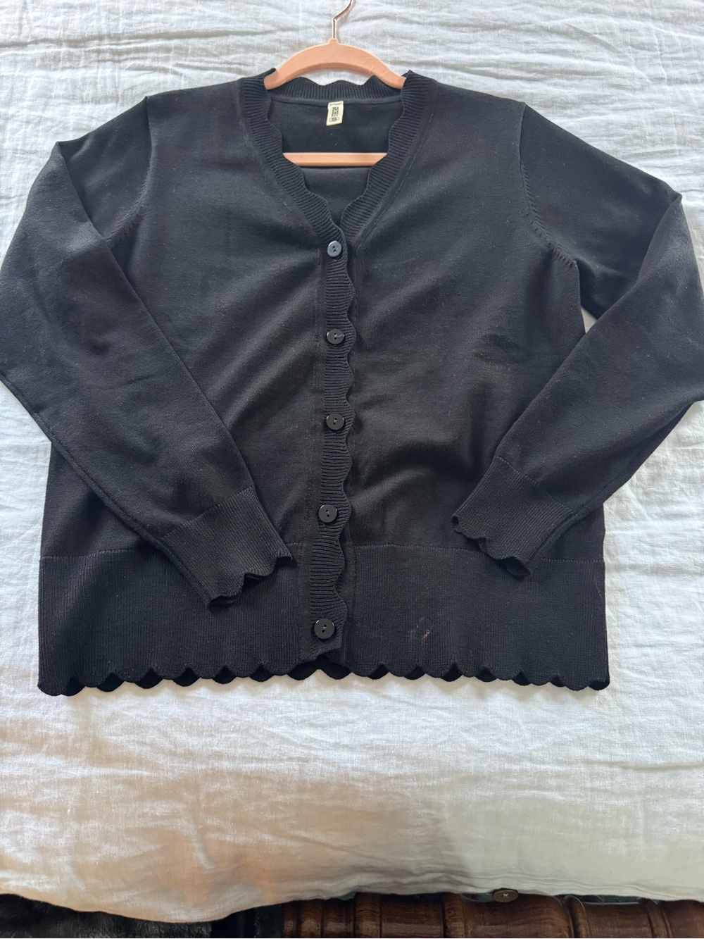 Black Scallop-Trim Button Front Sweater Cardigan